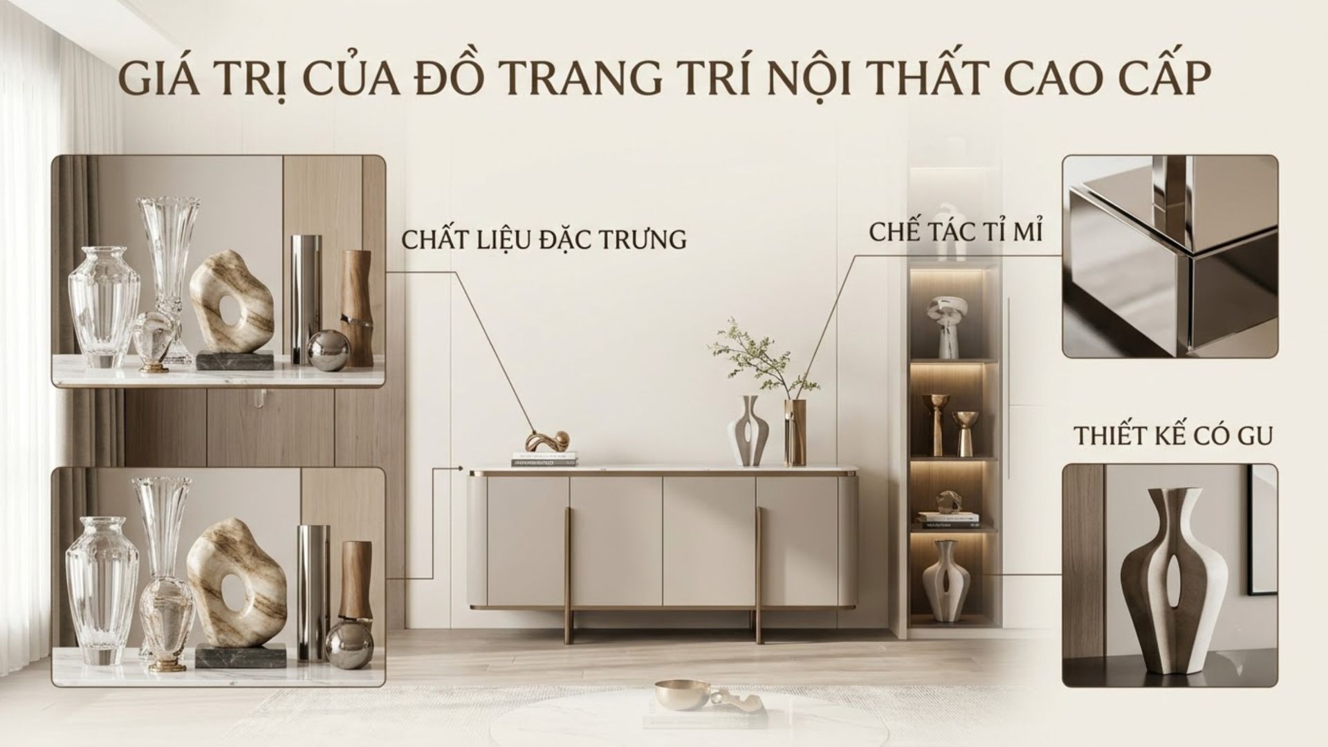 Đồ trang trí nội thất cao cấp với chất liệu pha lê, đá tự nhiên, kim loại và gỗ, nổi bật qua kỹ nghệ chế tác và thiết kế tinh tế