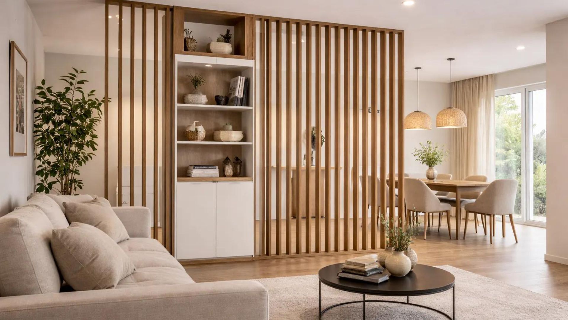 Vách ngăn gỗ dạng lam giúp phân chia phòng khách với khu vực bên cạnh mà vẫn giữ được sự thông thoáng và liên kết giữa các không gian