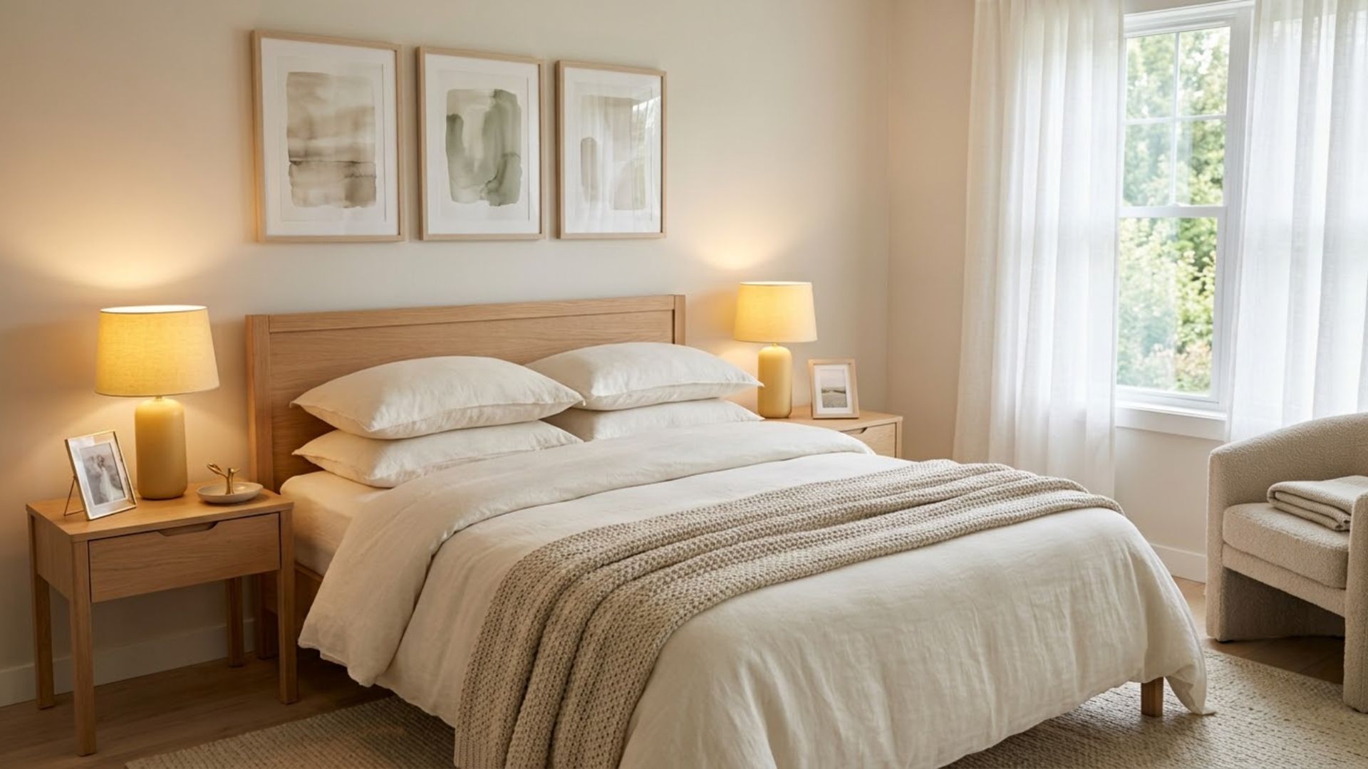 Tranh trang nhã, đèn ngủ ánh sáng dịu và một vài món decor nhỏ giúp phòng ngủ thêm ấm cúng mà không làm khu vực nghỉ ngơi trở nên rối mắt