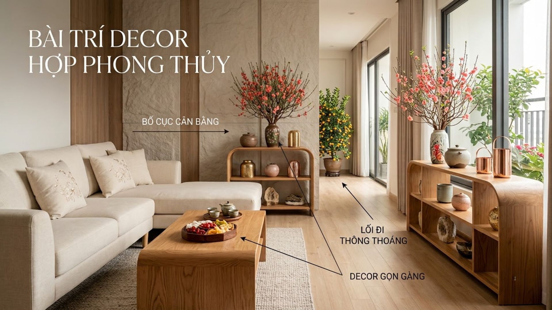 Bài trí đồ decor phòng khách đón Tết cân bằng, gọn gàng và thông thoáng