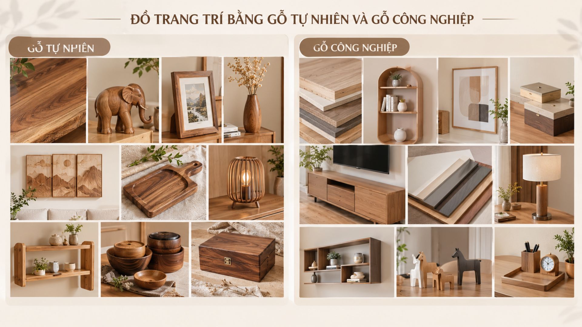 Bộ sưu tập đồ trang trí bằng gỗ tự nhiên và gỗ công nghiệp với đa dạng kiểu dáng, màu sắc và chất liệu