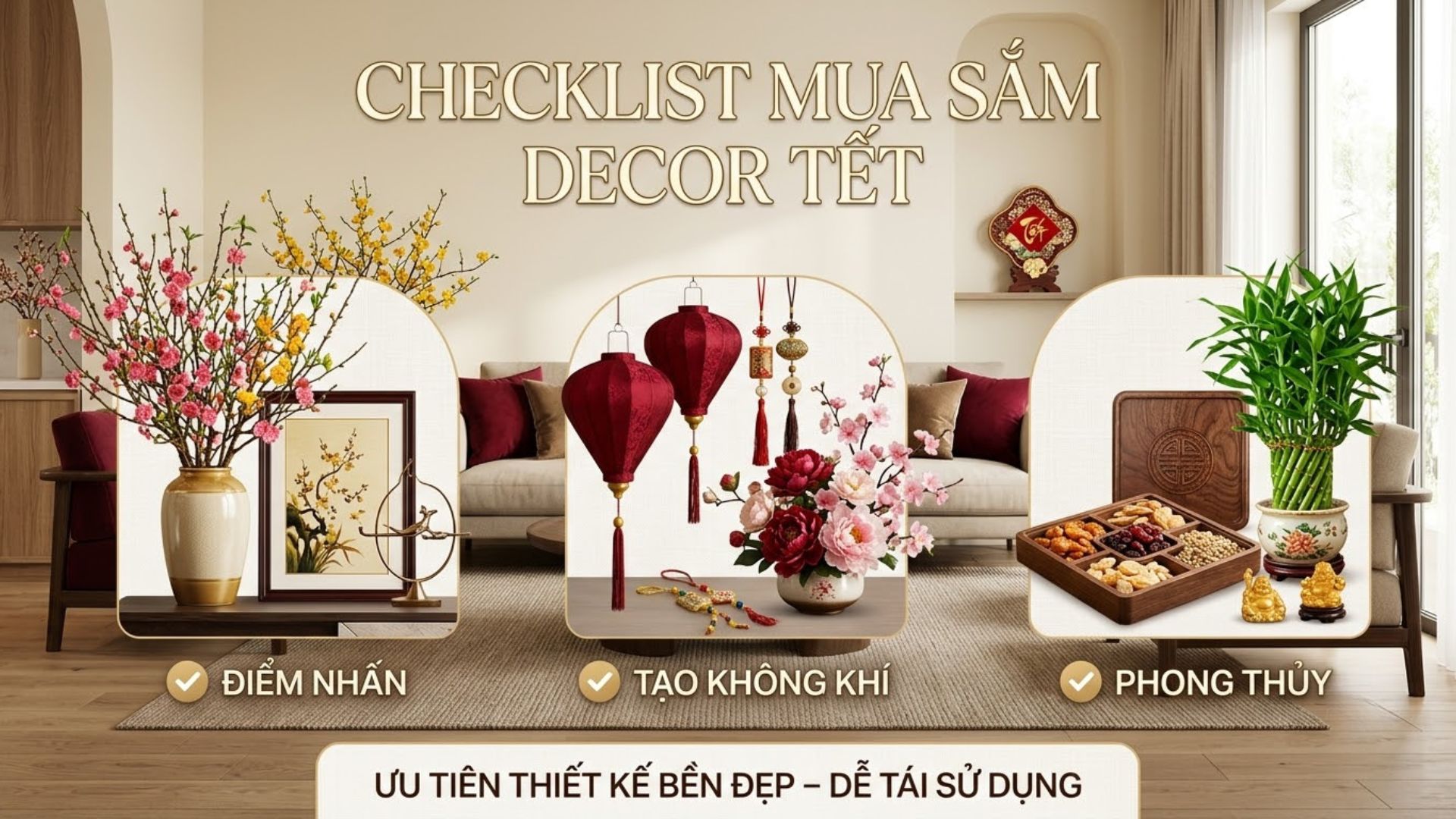 Checklist mua sắm đồ decor Tết gồm vật phẩm tạo điểm nhấn, tạo không khí và phong thủy