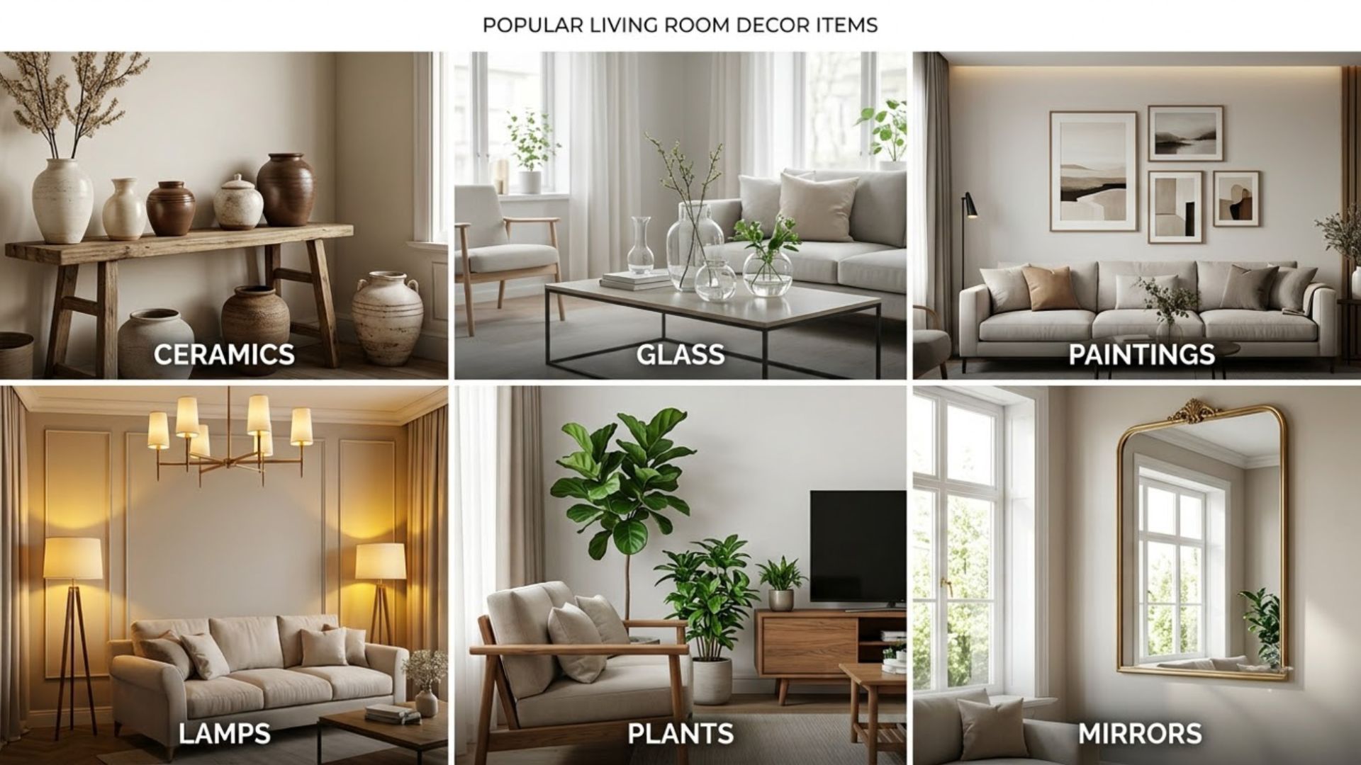 Các món đồ decor phòng khách phổ biến gồm gốm sứ, thủy tinh, tranh, đèn, cây xanh và gương