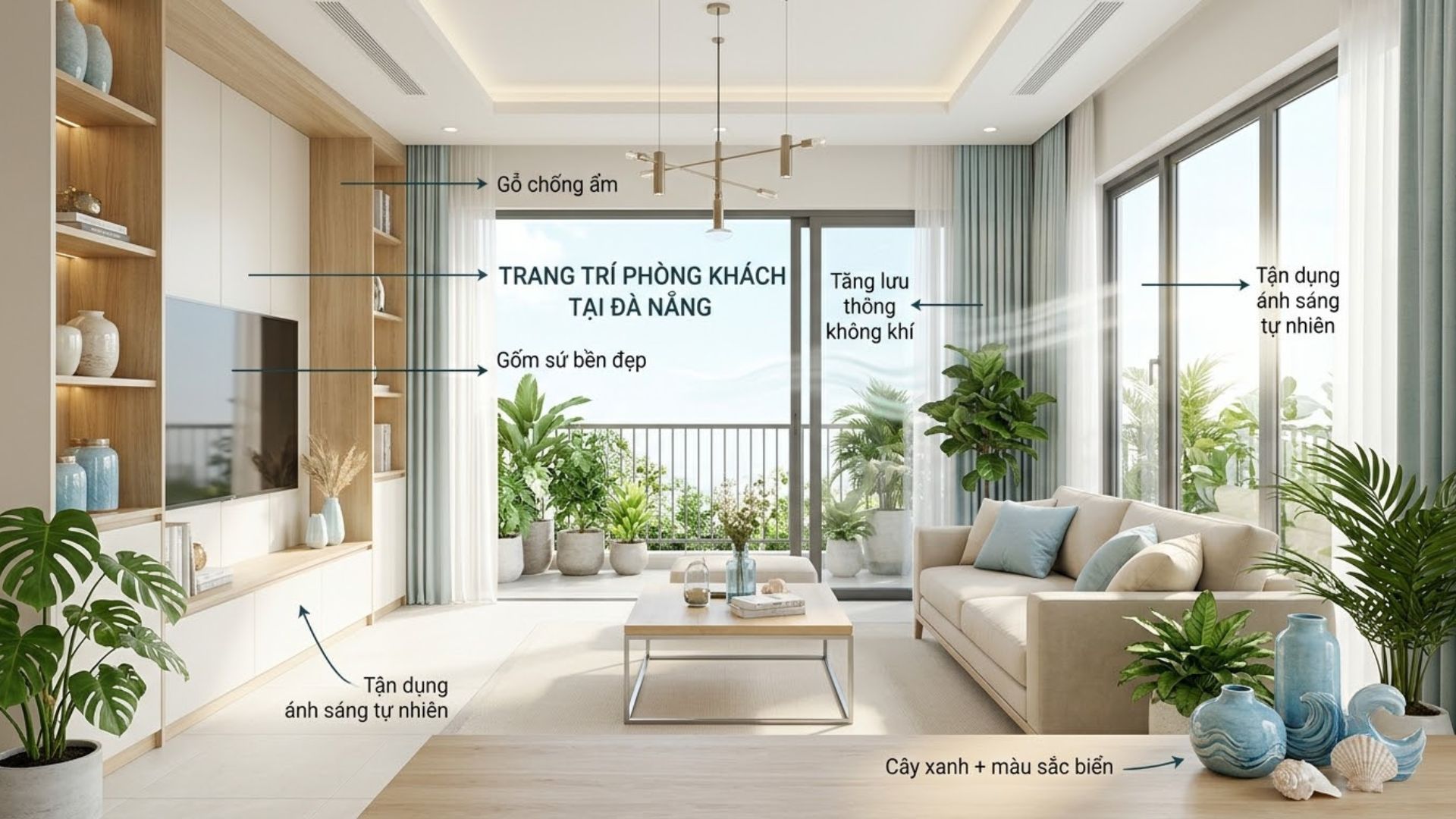 Decor phòng khách tại Đà Nẵng với vật liệu bền, không gian thoáng và ánh sáng tự nhiên