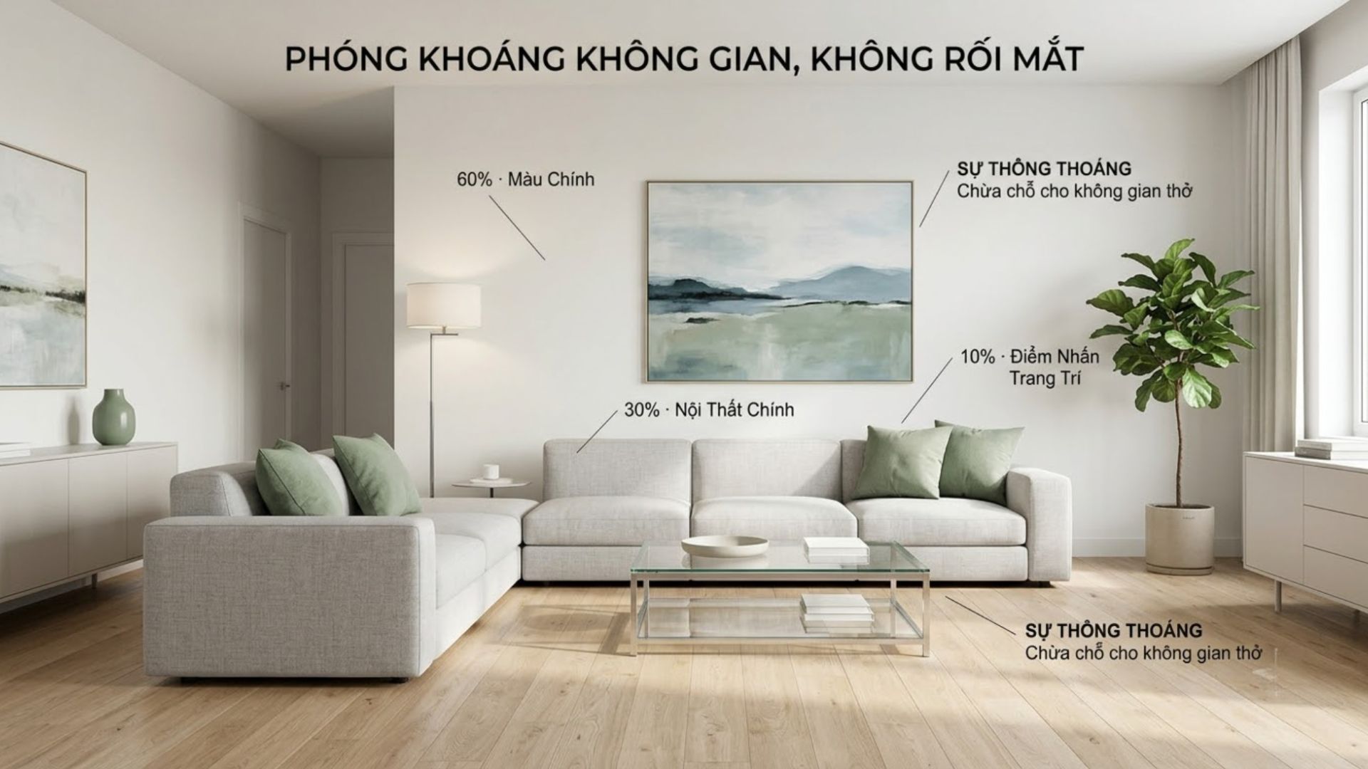 Phối decor theo tỷ lệ 60-30-10, kết hợp khoảng trống hợp lý và phụ kiện đồng bộ màu sắc, chất liệu giúp phòng khách hài hòa, tránh cảm giác rối mắt