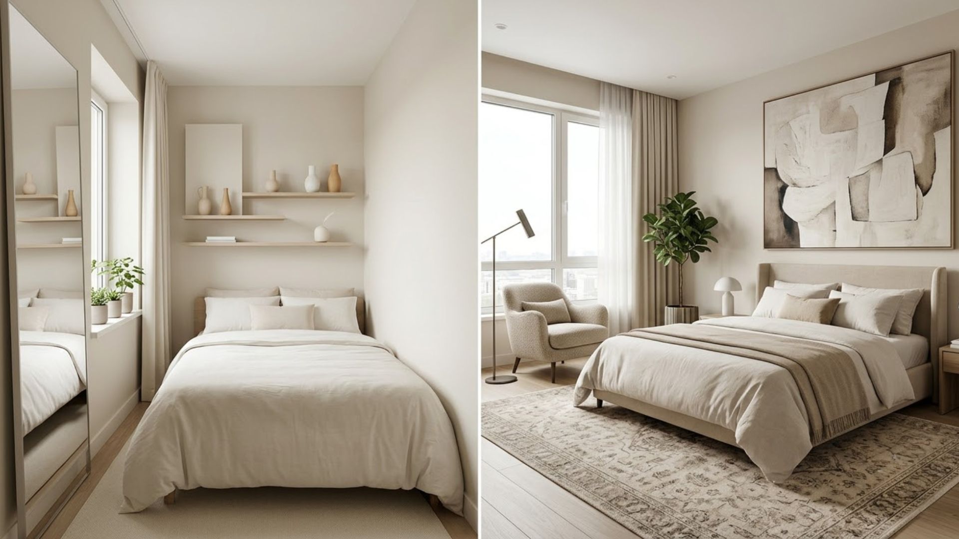 Phòng ngủ nhỏ nên ưu tiên decor gọn nhẹ và tận dụng chiều cao, trong khi không gian rộng có thể dùng tranh lớn, thảm và cây xanh để phân khu