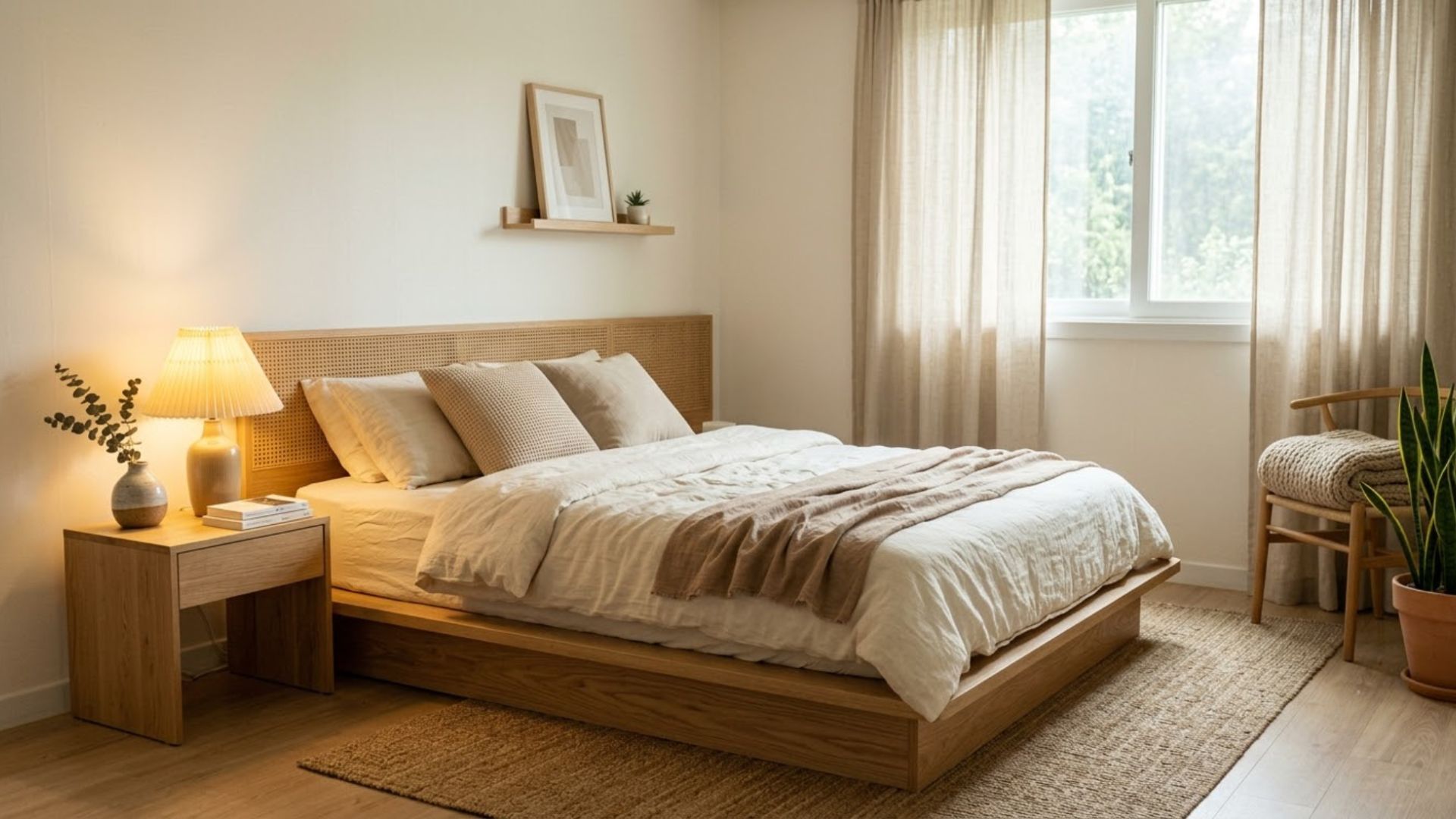 Phong cách Hàn Quốc kết hợp gỗ, mây tre, vải linen và ánh sáng vàng ấm tạo nên không gian phòng ngủ nhẹ nhàng, gần gũi