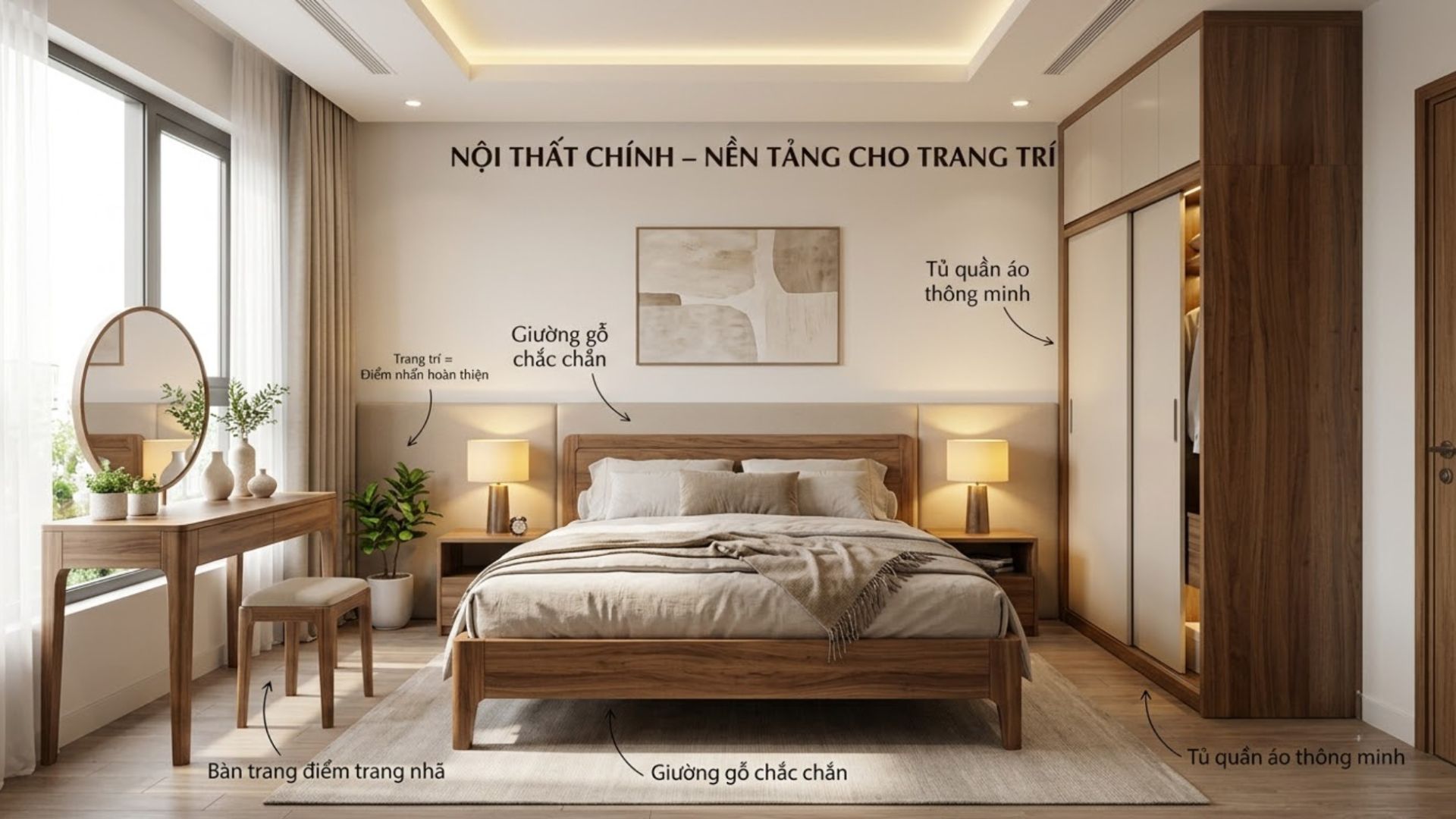 Giường, tủ quần áo và bàn trang điểm đồng bộ tạo nền tảng chắc chắn, giúp các món decor phát huy hiệu quả và hoàn thiện vẻ đẹp phòng ngủ