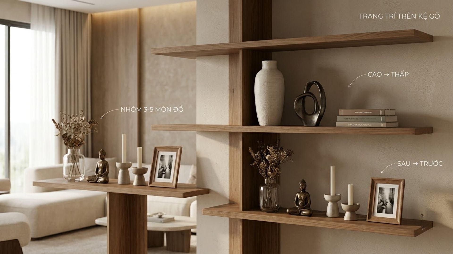 Nguyên tắc phối đồ decor trên kệ gỗ theo nhóm số lẻ và chiều cao
