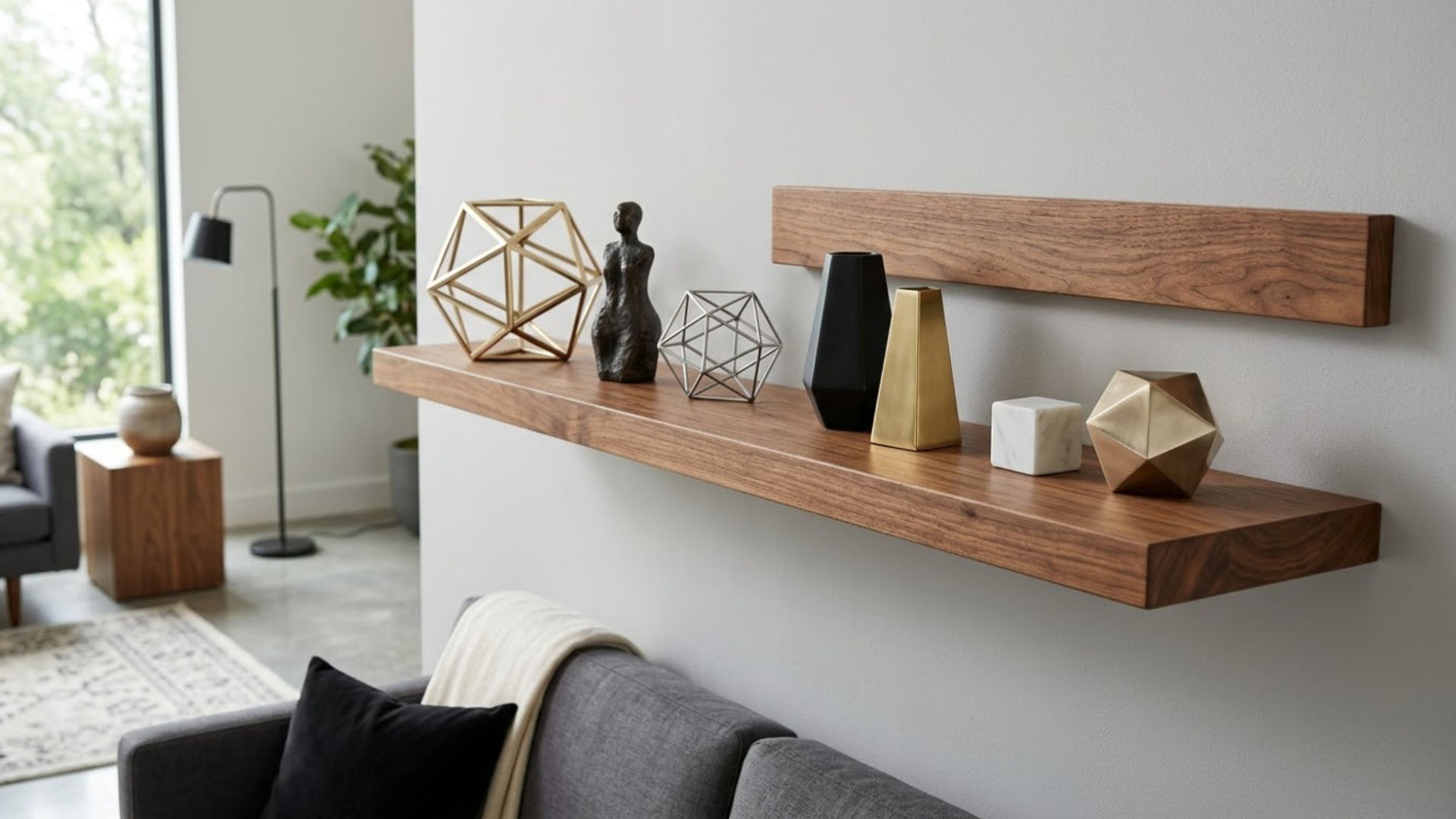 Decor kim loại và các hình khối hình học giúp kệ gỗ phong cách hiện đại tạo điểm nhấn mạnh mẽ, gọn gàng và thời thượng