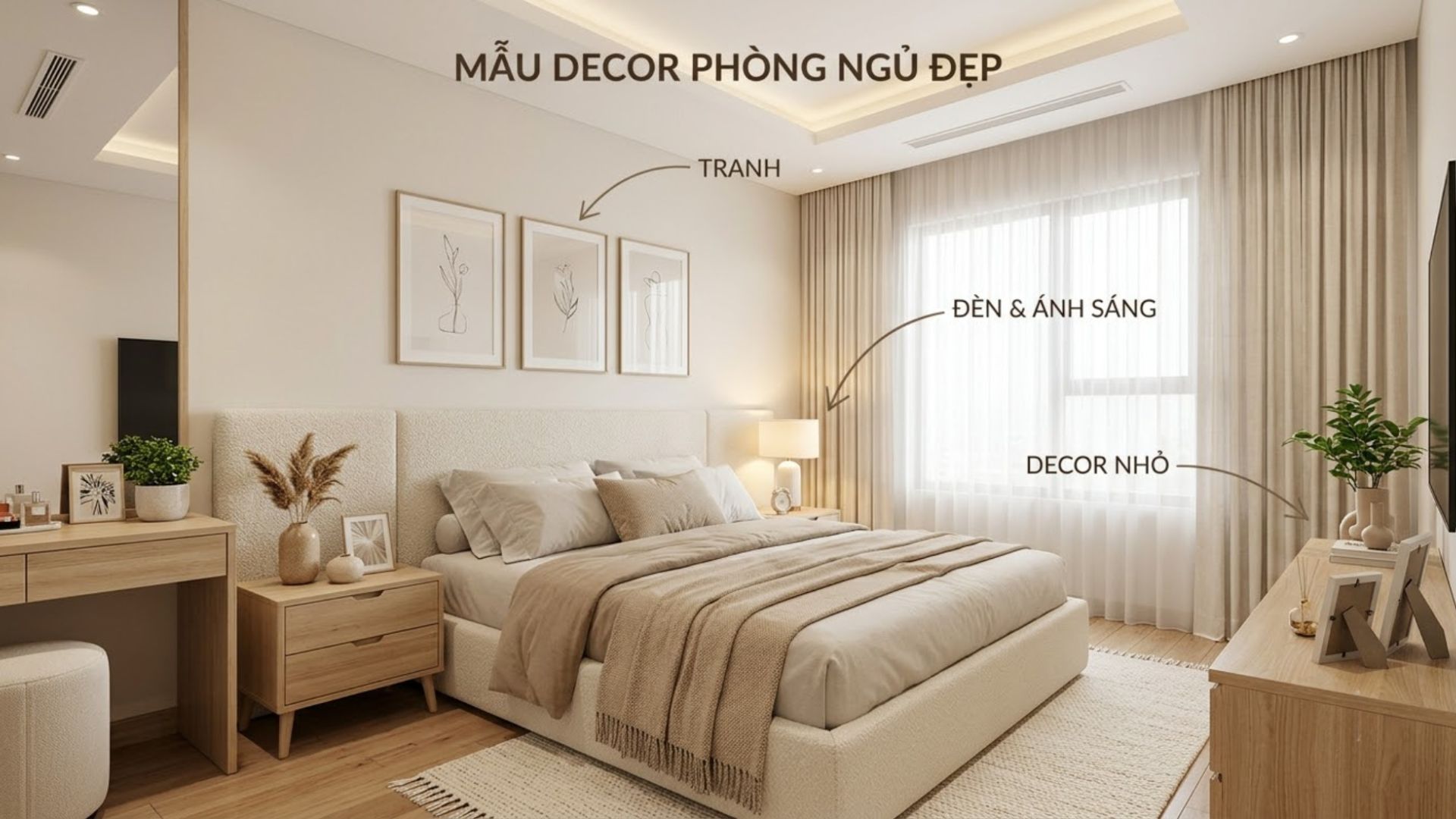 Tranh, ánh sáng và một vài món decor phù hợp giúp phòng ngủ có thêm điểm nhấn mà vẫn giữ được sự gọn gàng, thoải mái