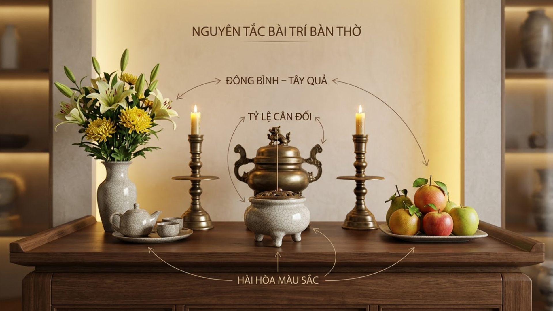 Nguyên tắc bày trí đồ trang trí bàn thờ cân đối và hài hòa với không gian