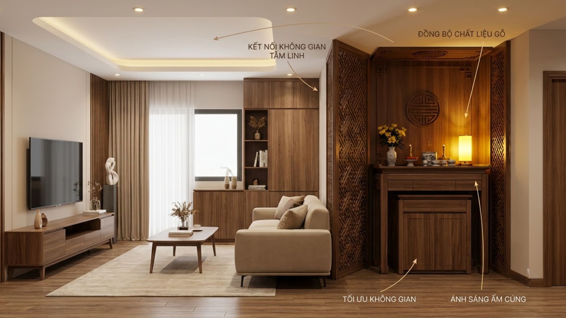 Phòng thờ liền phòng khách với nội thất gỗ đồng bộ và không gian trang nghiêm