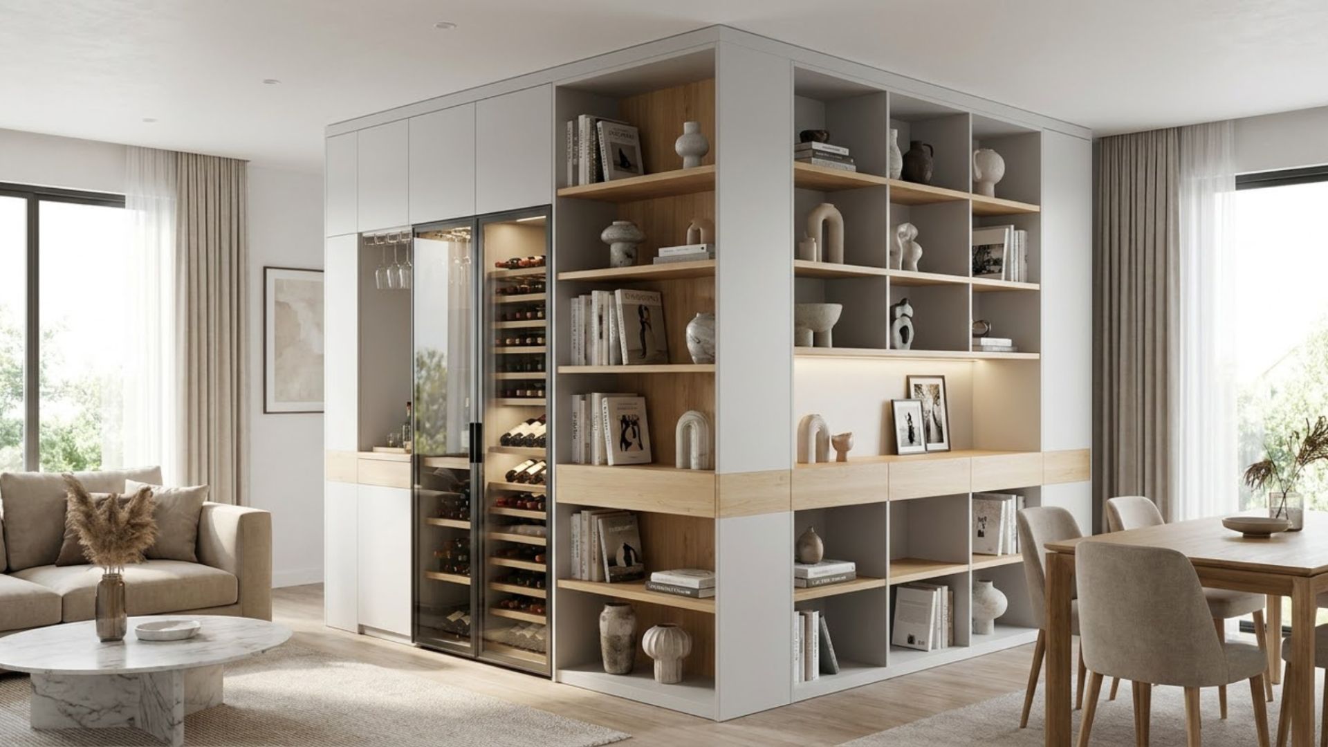 Tủ rượu MDF kết hợp kệ trang trí đa năng trong không gian phòng khách hiện đại