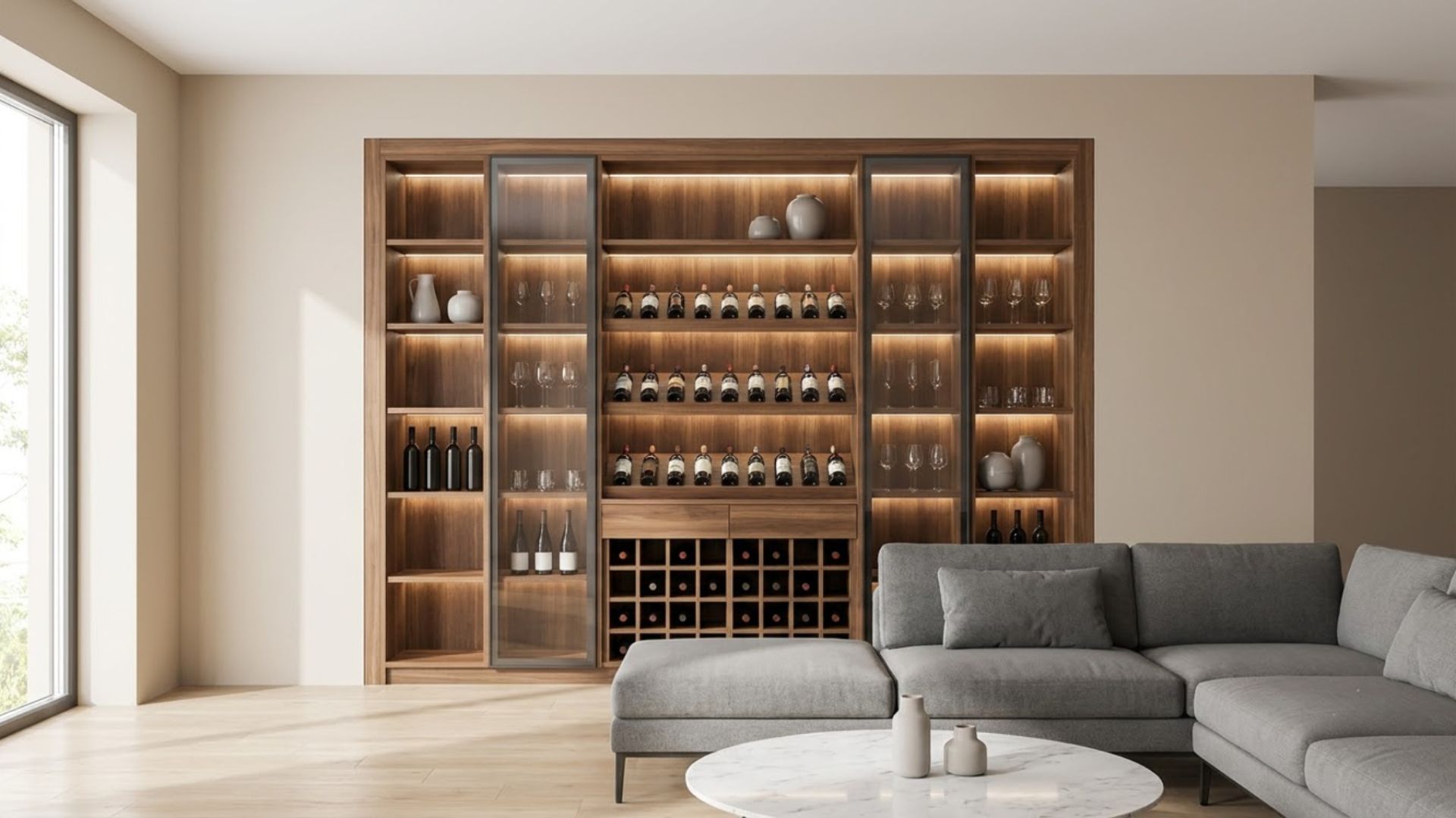 Tủ rượu MDF âm tường tạo cảm giác gọn gàng và tận dụng hiệu quả các khoảng trống trong nhà