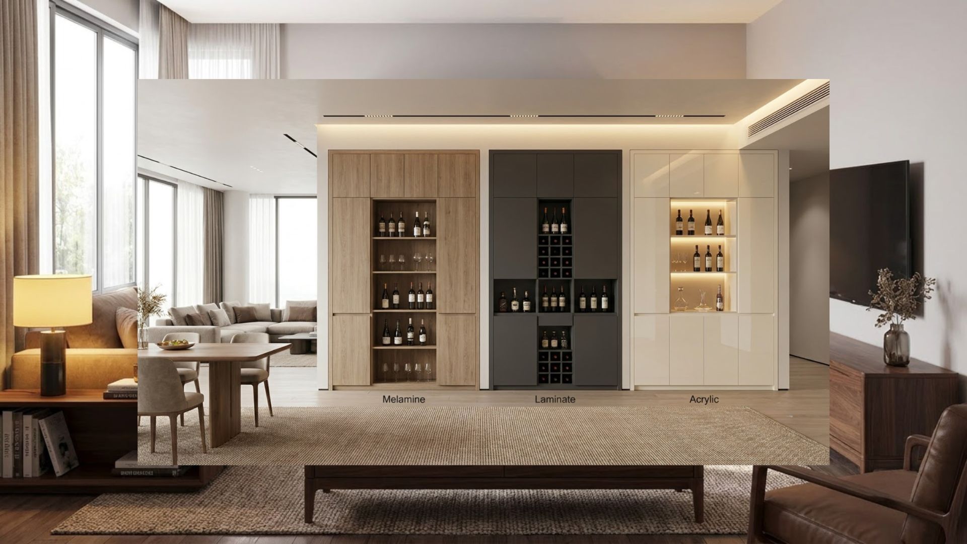 So sánh trực quan 3 bề mặt phổ biến cho tủ rượu MDF: Melamine, Laminate và Acrylic