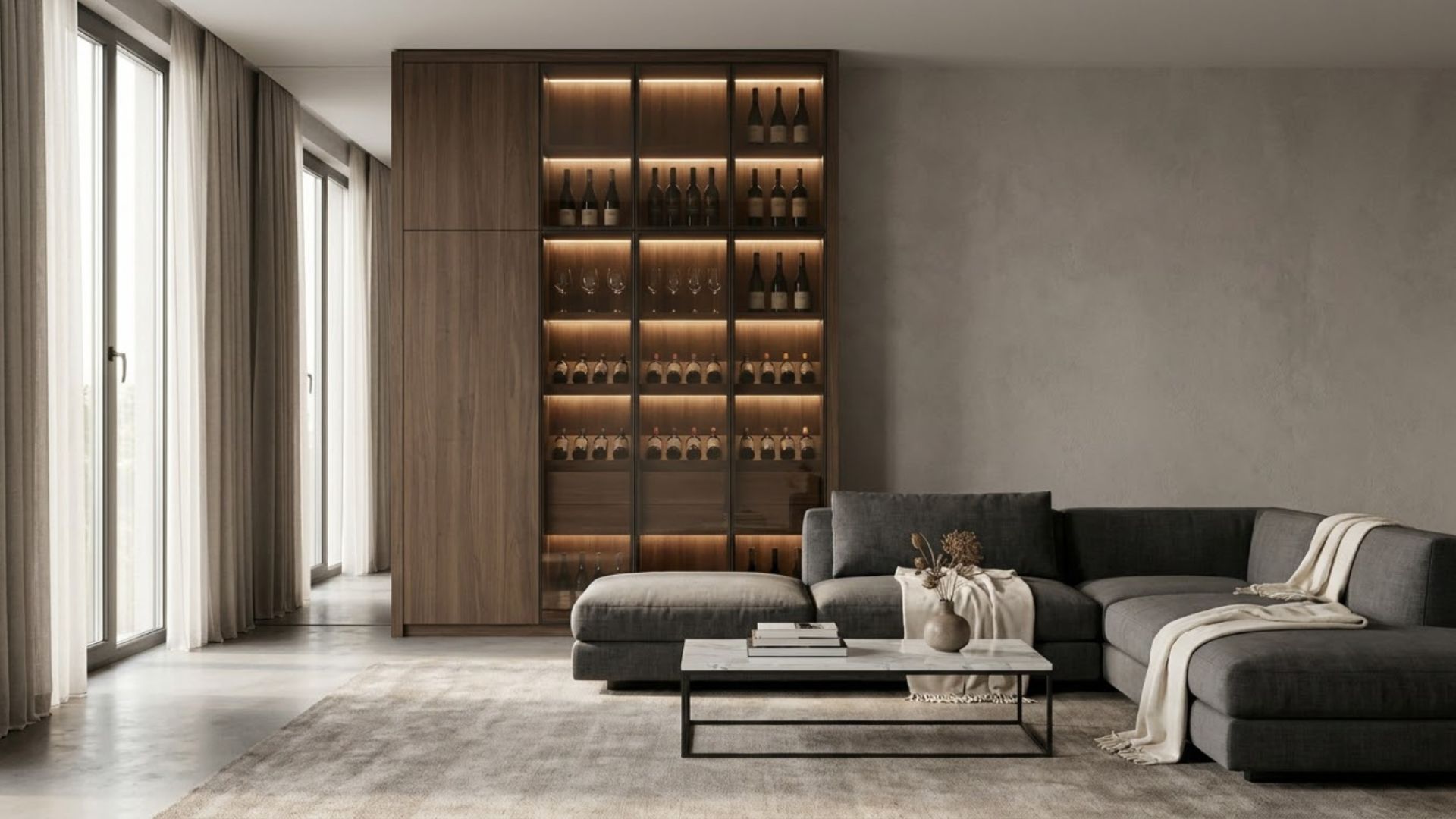Tủ rượu MDF cánh kính hiện đại trong không gian phòng khách sang trọng
