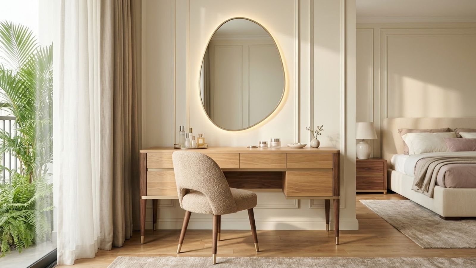 Bộ bàn ghế trang điểm gỗ hiện đại với gương oval và ghế bọc nệm trong phòng ngủ sang trọng