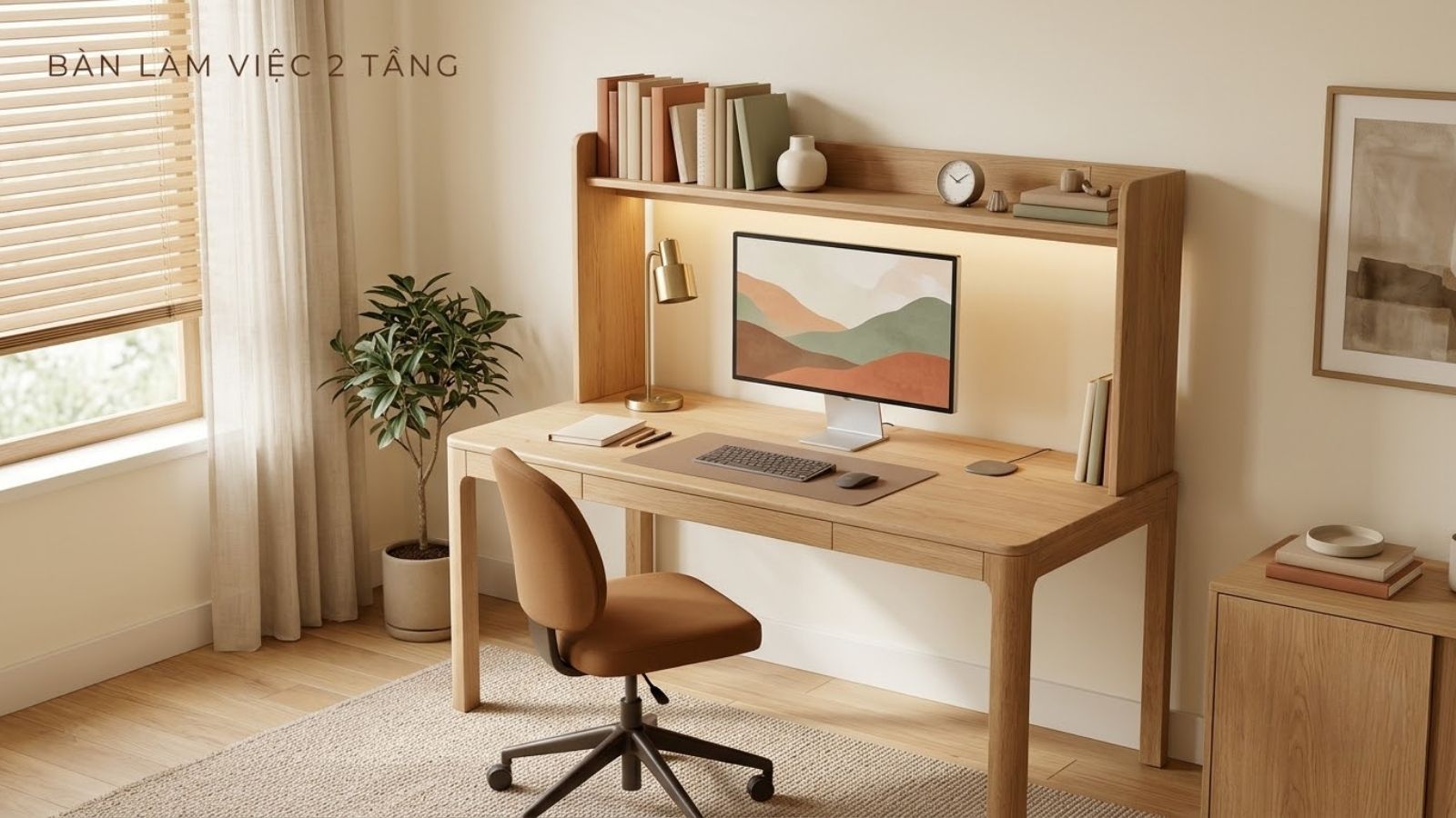 Bàn làm việc 2 tầng gỗ sồi hiện đại kết hợp kệ sách, màn hình máy tính và ghế công thái học.