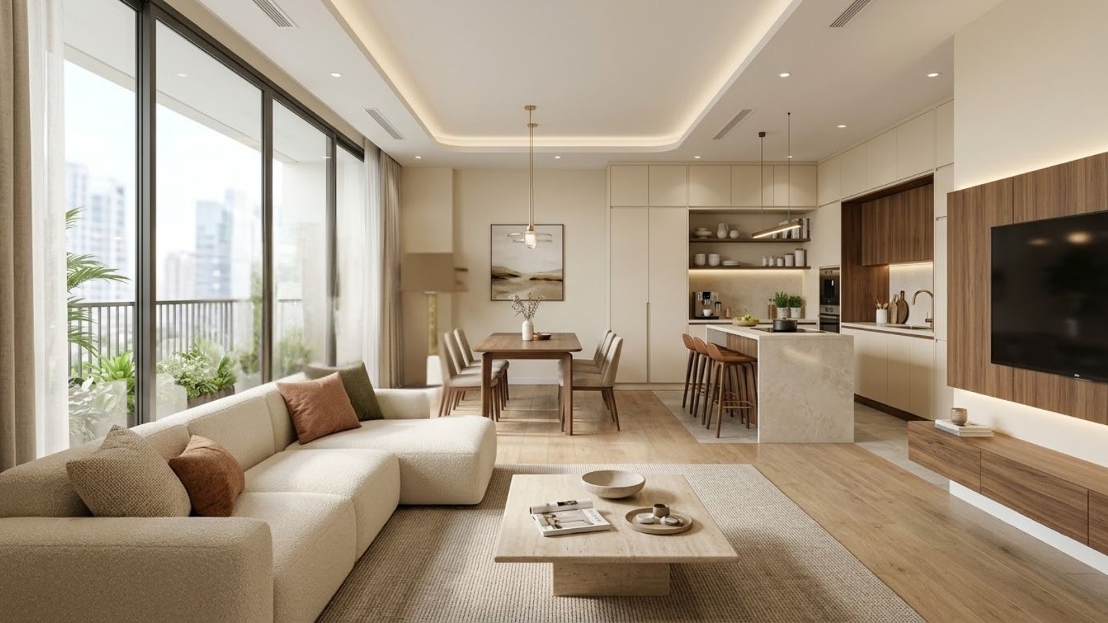 Phòng khách thông bếp hiện đại với không gian mở liền mạch