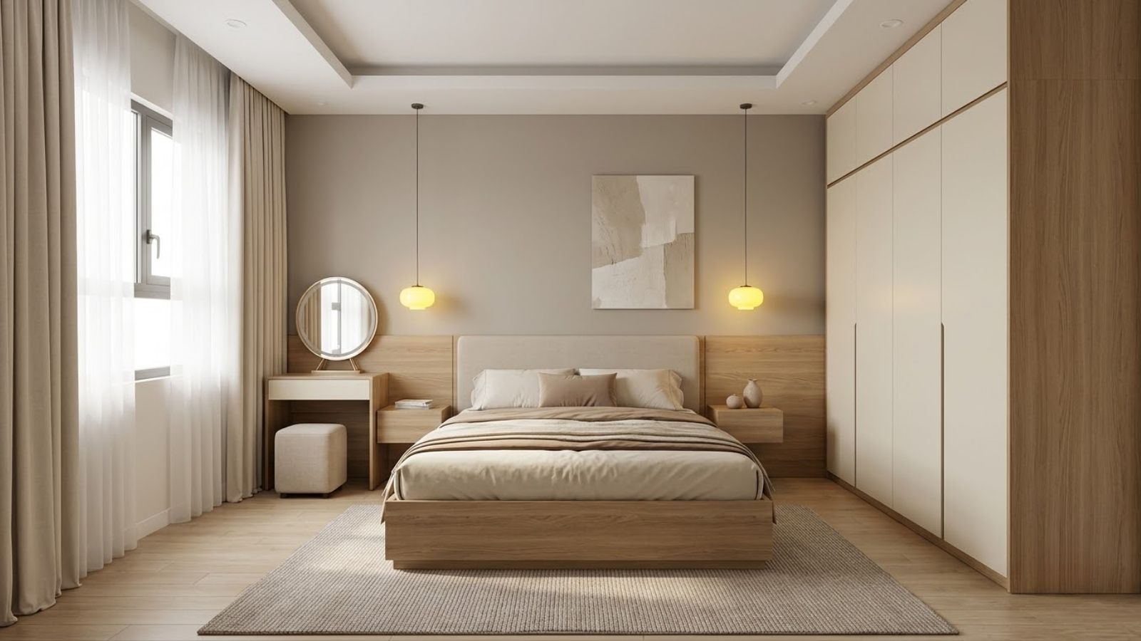 Phòng ngủ gỗ công nghiệp hiện đại với giường ngủ, tủ quần áo và tab đầu giường đồng bộ.