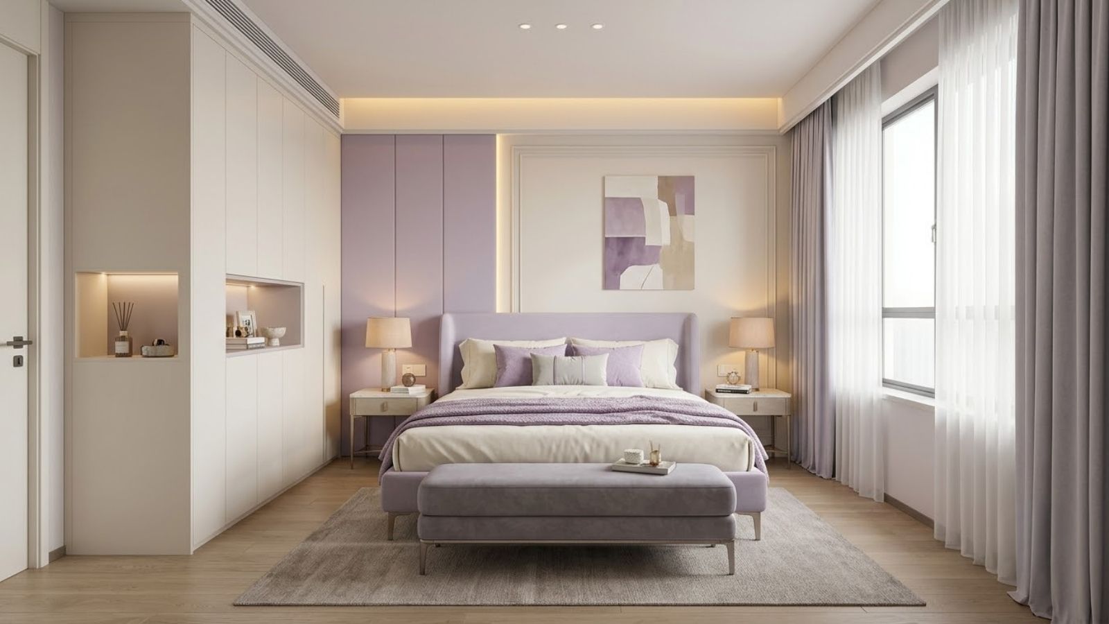 Phòng ngủ màu tím pastel hiện đại với giường bọc nệm, tủ kịch trần và ánh sáng ấm.