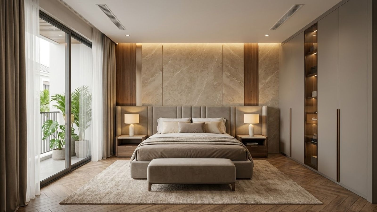 Phòng ngủ sang chảnh hiện đại với giường bọc nệm, vách đầu giường ốp đá và gỗ óc chó.