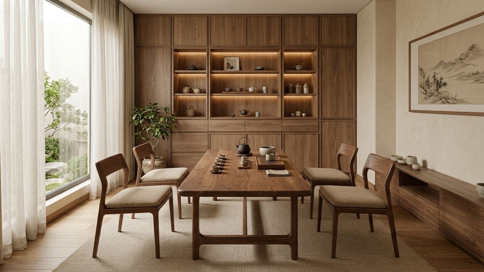 Phòng trà gỗ tự nhiên với bàn trà gỗ óc chó, ghế gỗ đệm linen và tủ trưng bày trà có đèn ấm.