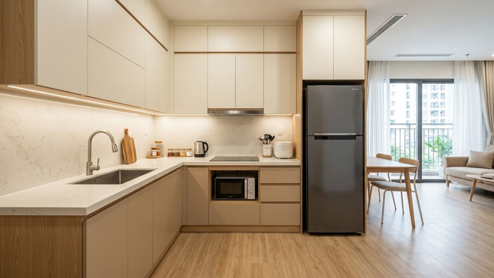 Thiết kế bếp chung cư nhỏ chữ L với tủ bếp kịch trần, bếp từ âm và thiết bị lưu trữ thông minh