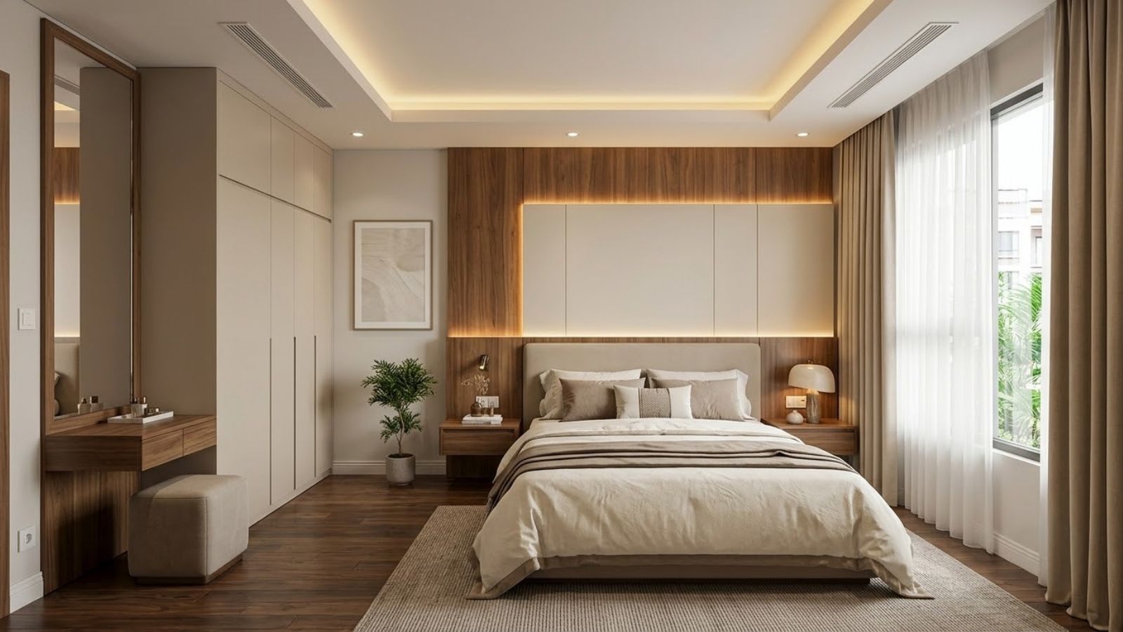 Thi công nội thất phòng ngủ hiện đại với giường ngủ, tủ quần áo kịch trần và vách đầu giường đồng bộ