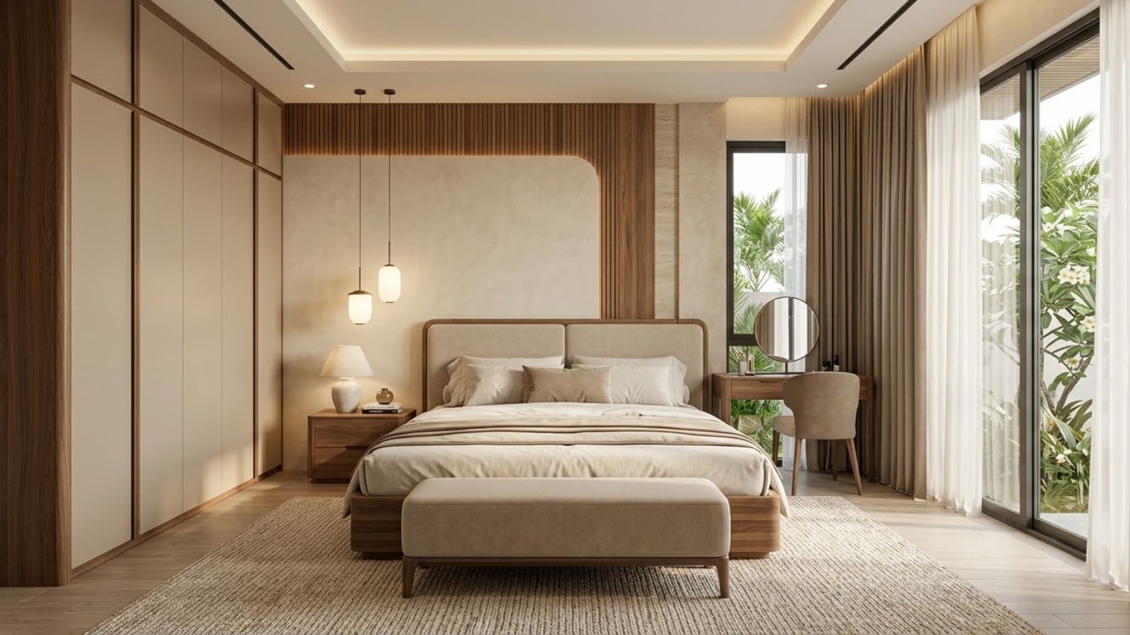 Thiết kế giường ngủ hiện đại bằng gỗ màu óc chó kết hợp đầu giường bọc nệm trong phòng master.
