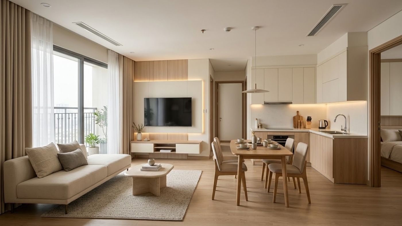 Thiết kế nội thất chung cư 2 phòng ngủ hiện đại với phòng khách, bếp và bàn ăn liên thông.