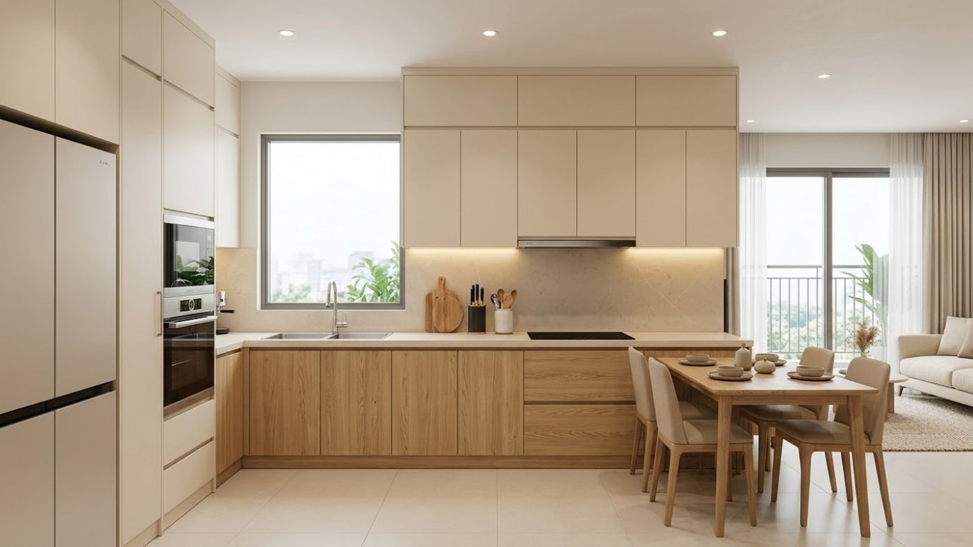 Thiết kế nội thất phòng bếp hiện đại với tủ bếp chữ L, mặt đá sáng màu và hệ thống lưu trữ tiện nghi.