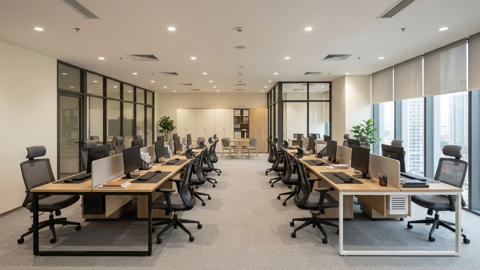 Thiết kế phòng làm việc ở công ty hiện đại với nội thất đồng bộ