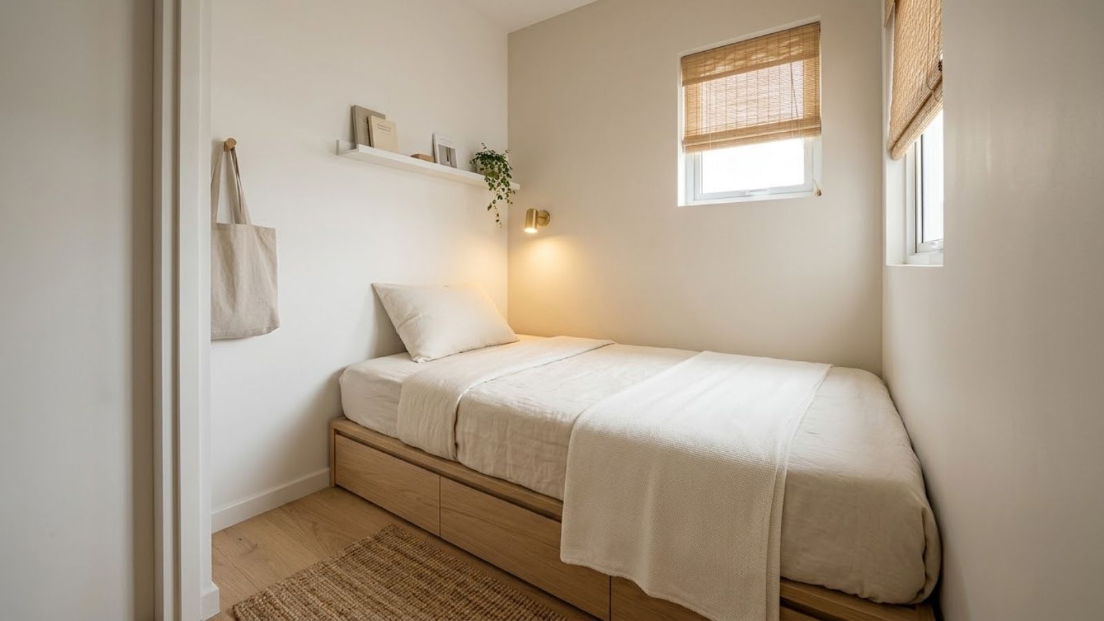 Thiết kế phòng ngủ nhỏ 2m2 với giường đơn nhỏ gọn và kệ treo tường