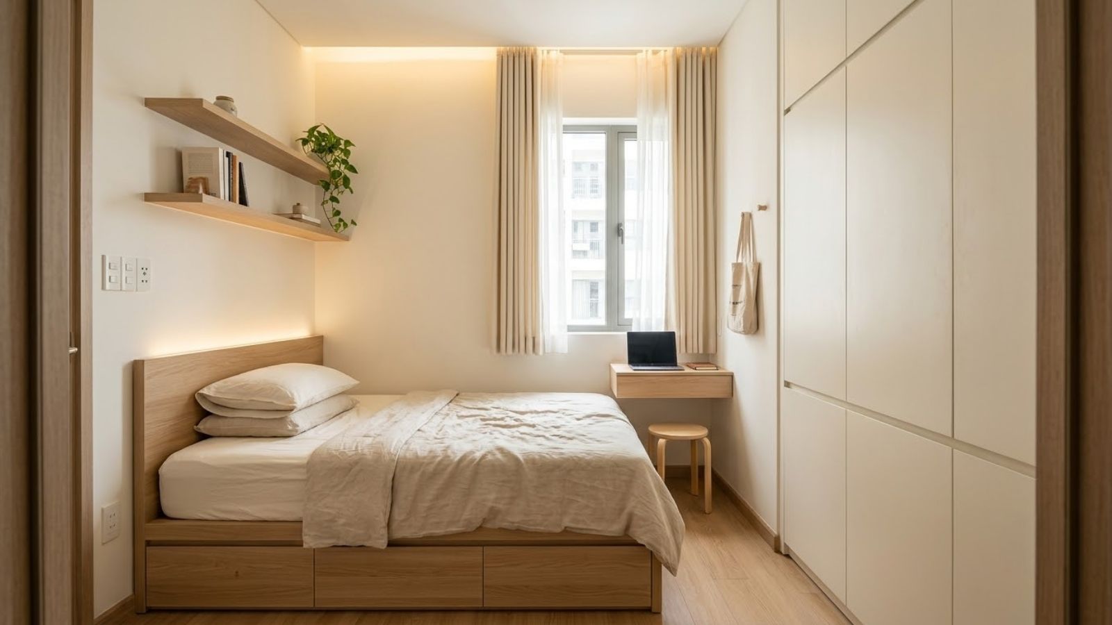 Thiết kế phòng ngủ nhỏ 4m2 hiện đại với giường tích hợp ngăn kéo và tủ kịch trần