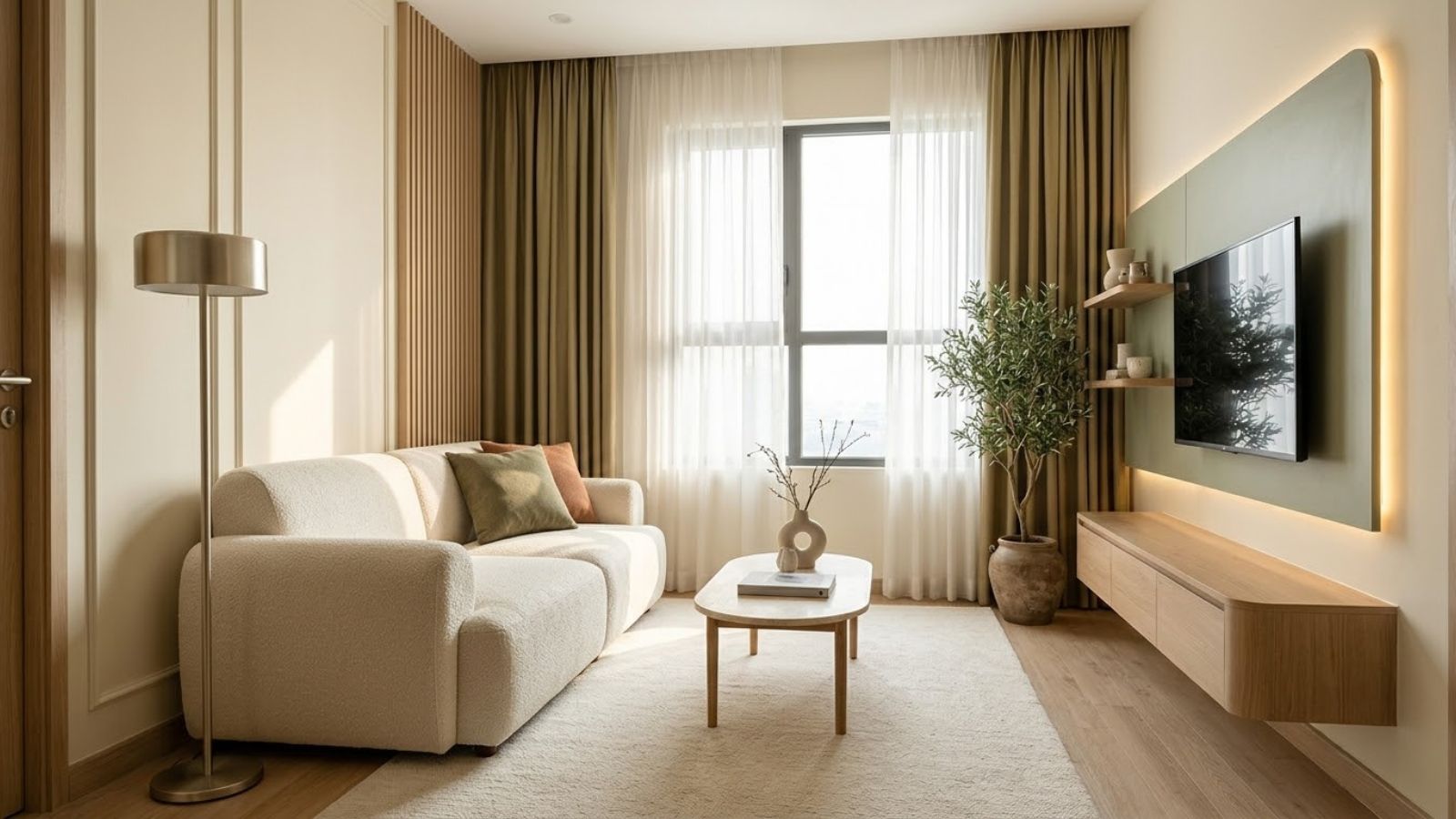 Trang trí phòng khách nhỏ 10m2 với sofa kem, bàn trà gọn nhẹ và kệ tivi treo tường.