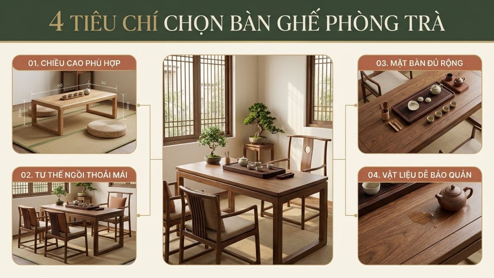 Các tiêu chí chọn bàn ghế phòng trà gồm chiều cao, tư thế ngồi, kích thước mặt bàn và chất liệu