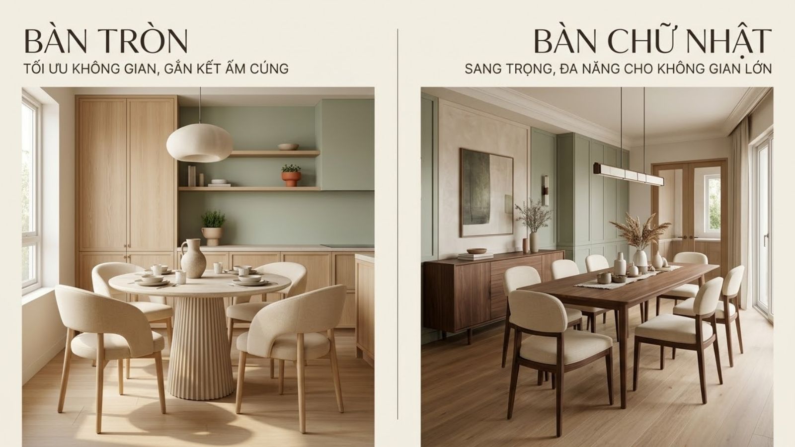 So sánh bàn ăn tròn và bàn ăn chữ nhật trong không gian phòng ăn hiện đại