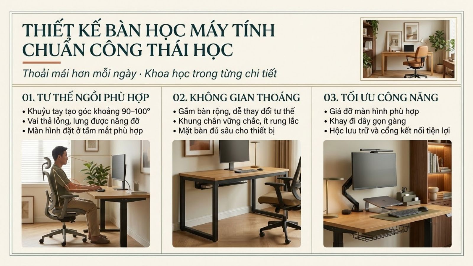 Tiêu chuẩn công thái học của bàn học máy tính gồm tư thế ngồi, khoảng để chân, kết cấu bàn và phụ kiện hỗ trợ.