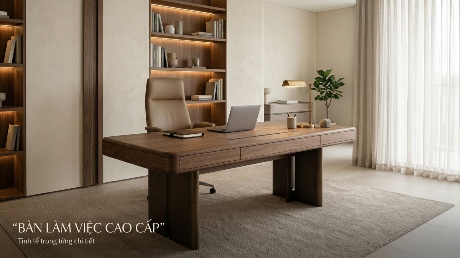 Bàn làm việc cao cấp chuẩn công thái học với khung nâng hạ và mặt gỗ sang trọng