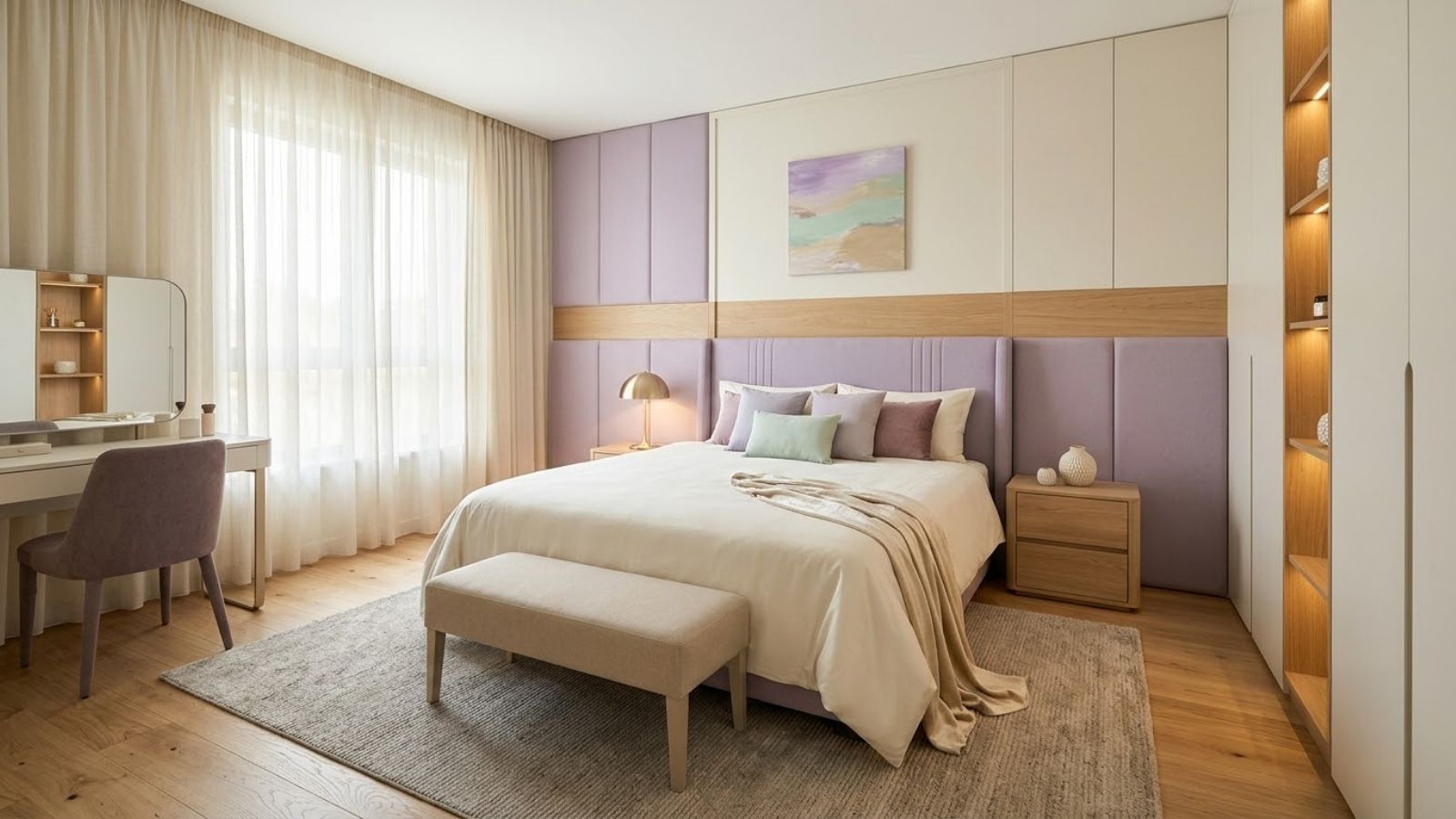 Phòng ngủ tím pastel phối trắng kem, gỗ sồi sáng và điểm nhấn xanh mint nhẹ nhàng.