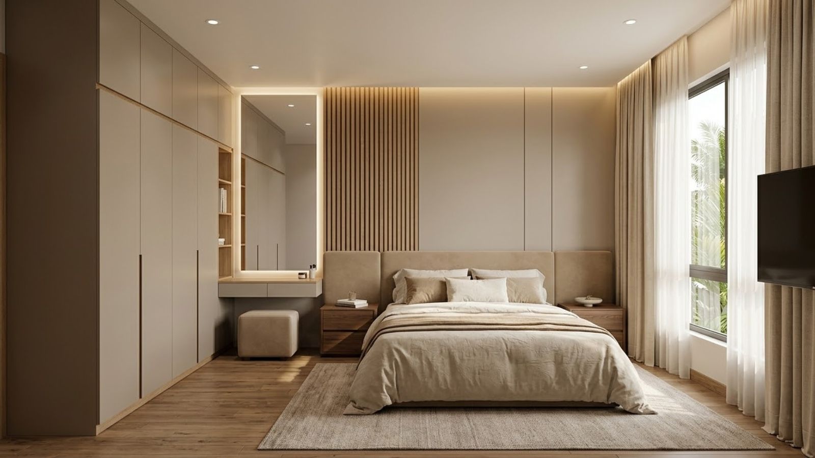 Các hạng mục thi công nội thất phòng ngủ gồm tủ quần áo âm tường, vách đầu giường, giường ngủ và bàn trang điểm