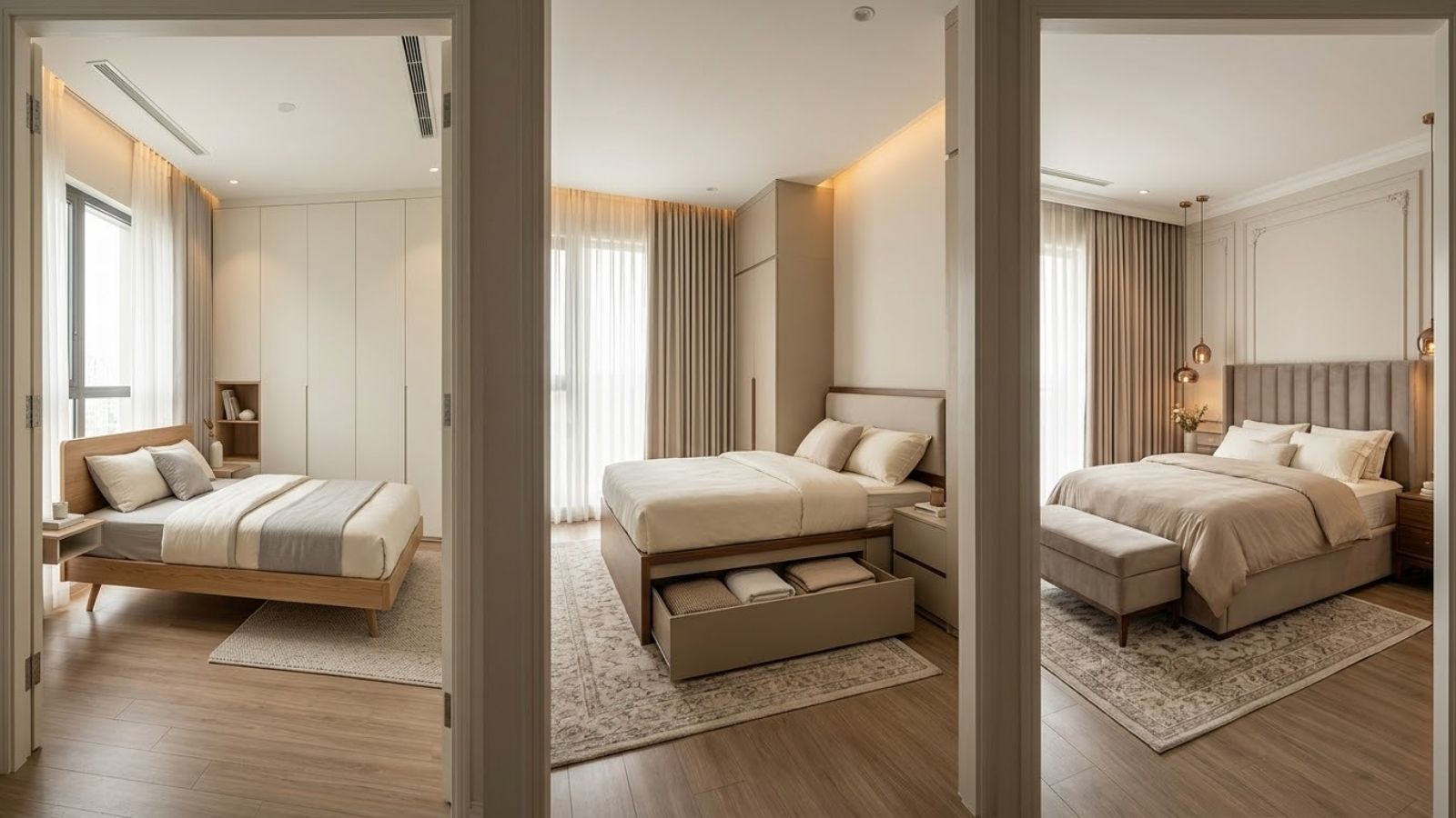 Các mẫu giường ngủ tối giản chân cao, giường gỗ có ngăn kéo lưu trữ và giường bọc nệm cao cấp.