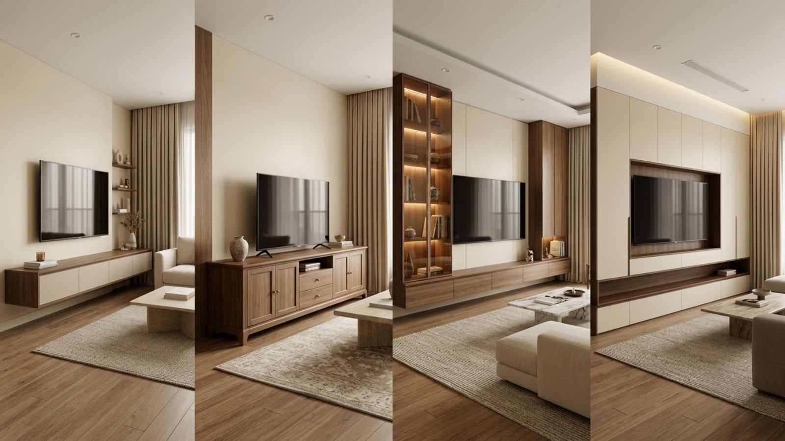 Các mẫu kệ tivi treo tường, đặt sàn, kết hợp tủ trang trí và thiết kế âm tường trong phòng khách.