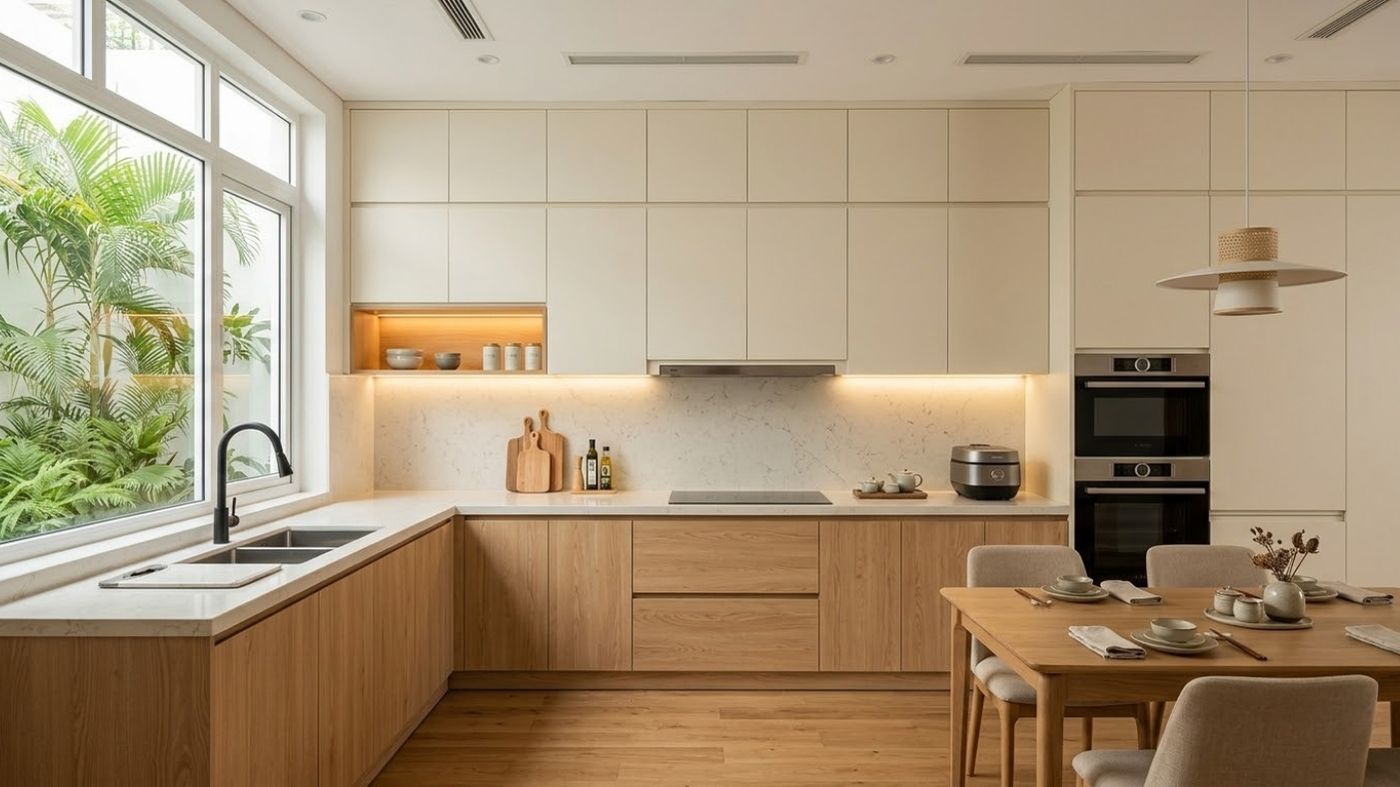 Bố trí tủ lạnh, bồn rửa và bếp nấu theo tam giác công năng trong căn bếp hiện đại.