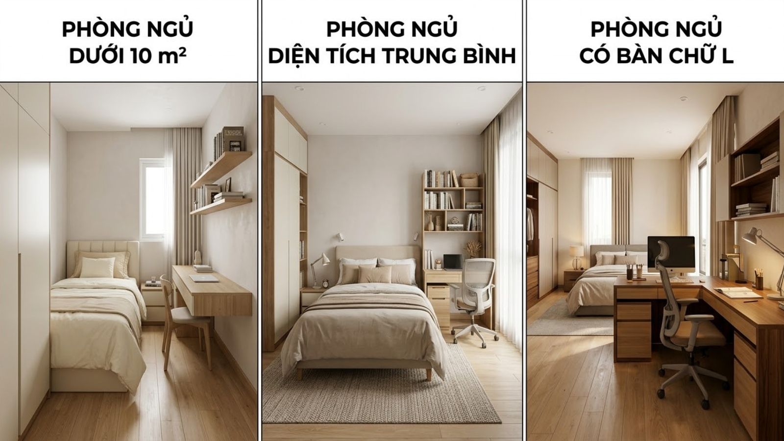 So sánh phòng ngủ nhỏ có bàn treo tường phòng ngủ trung bình và phòng ngủ có bàn chữ L