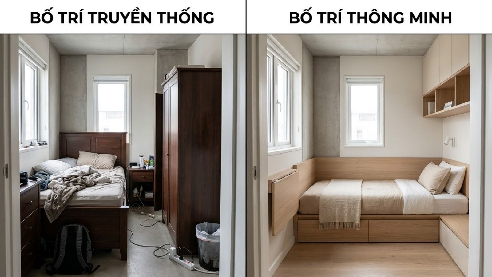 So sánh bố trí phòng ngủ nhỏ 2m2 theo cách truyền thống và sử dụng nội thất thông minh