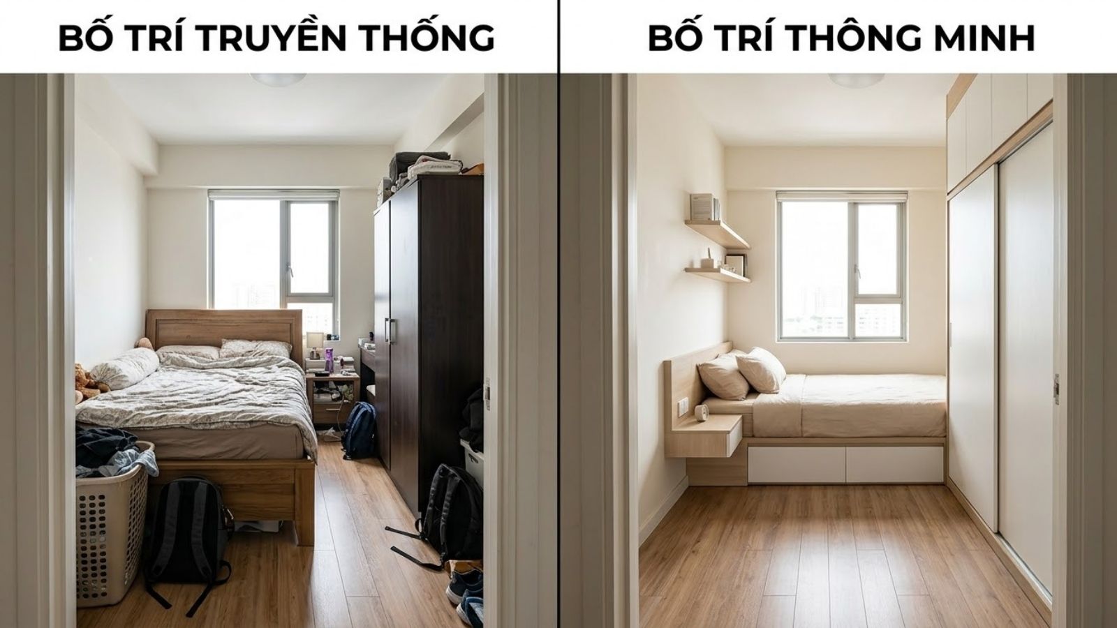 So sánh bố trí phòng ngủ nhỏ 4m2 truyền thống và phương án sử dụng nội thất thông minh