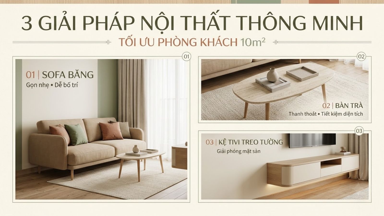 Ba giải pháp nội thất phòng khách nhỏ gồm sofa băng, bàn trà chân cao và kệ tivi treo tường.